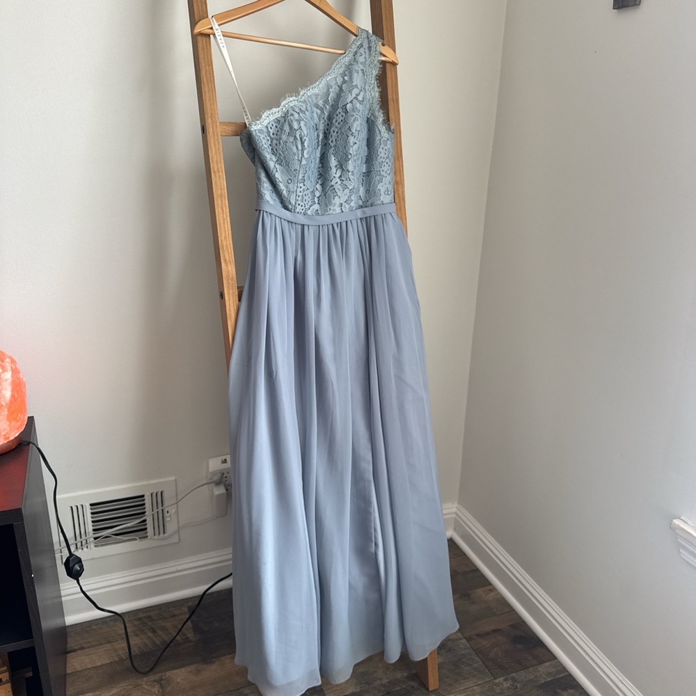 Azazie One-Shoulder Lace Bodice Chiffon Gown in Light Blue